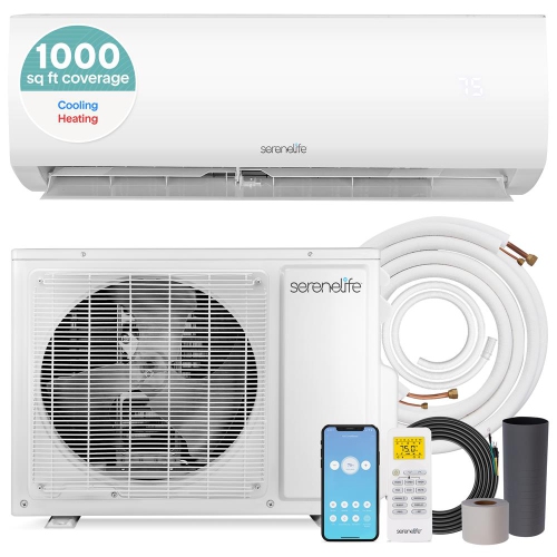 SereneLife 18,000 BTU Mini Split AC & Heater, 208V Wall-Mounted Indoor/Outdoor Units, WiFi, Install Kit, Cools & Heats Rooms Up to 1000 Sq. Ft. –