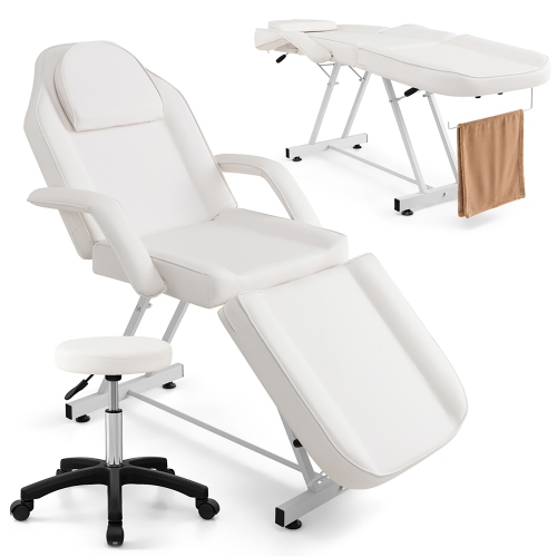 Gymax 73'' Facial Chair with Hydraulic Stool w/ Detachable Armrests & Towel Rack White