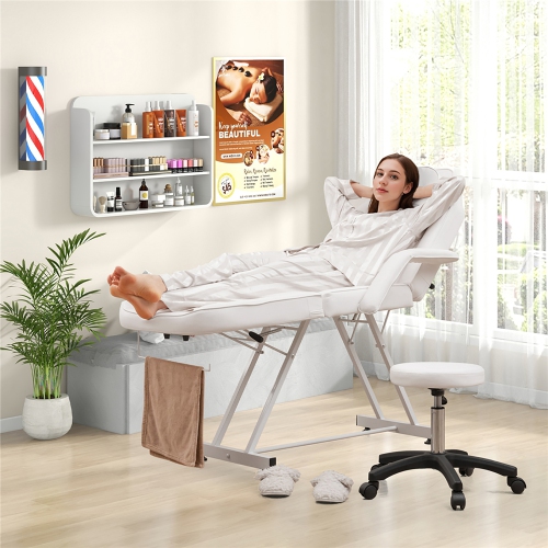 Gymax 73'' Facial Chair with Hydraulic Stool w/ Detachable Armrests & Towel Rack White