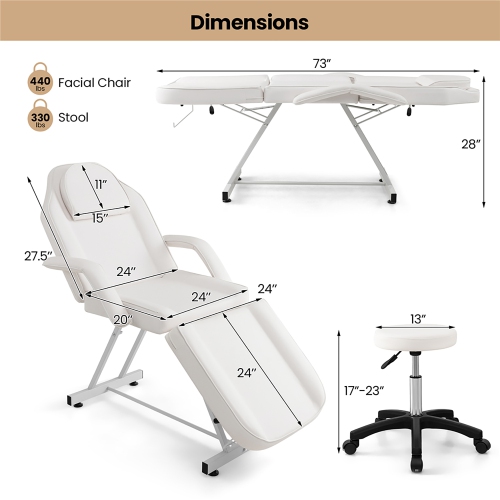 Gymax 73'' Facial Chair with Hydraulic Stool w/ Detachable Armrests & Towel Rack White