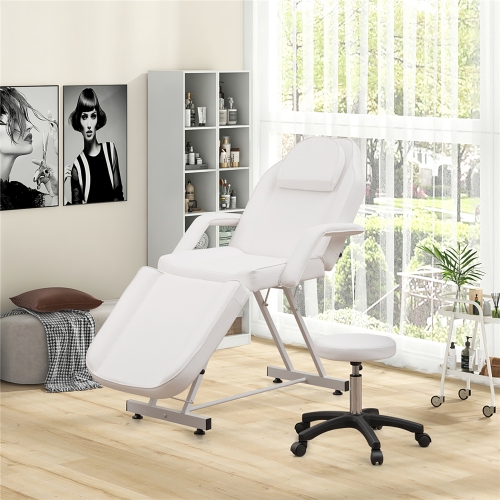 Gymax 73'' Facial Chair with Hydraulic Stool w/ Detachable Armrests & Towel Rack White