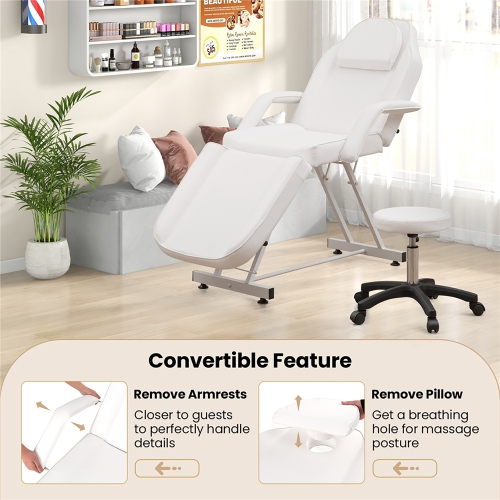 Gymax 73'' Facial Chair with Hydraulic Stool w/ Detachable Armrests & Towel Rack White