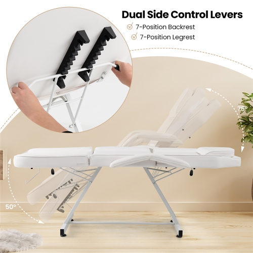 Gymax 73'' Facial Chair with Hydraulic Stool w/ Detachable Armrests & Towel Rack White