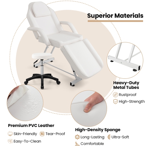 Gymax 73'' Facial Chair with Hydraulic Stool w/ Detachable Armrests & Towel Rack White