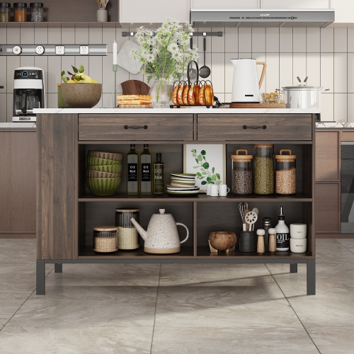 Famapy Modern Kitchen Island with Faux Marble Top and Storage Cabinets – 55.2" Multi-Function Buffet Sideboard with Drawers