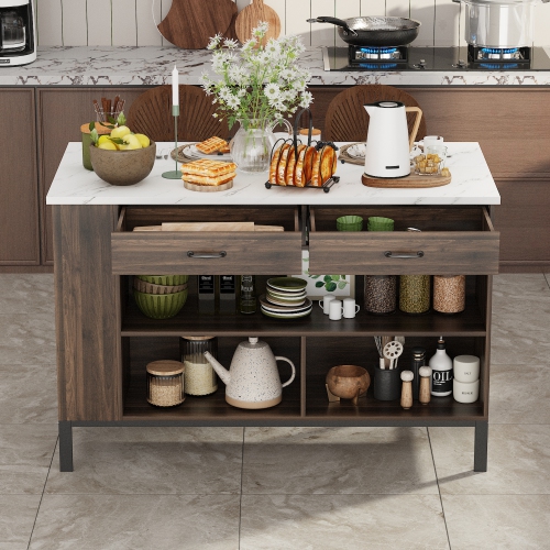 Famapy Modern Kitchen Island with Faux Marble Top and Storage Cabinets – 55.2" Multi-Function Buffet Sideboard with Drawers