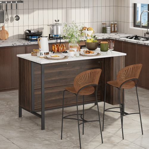 Famapy Modern Kitchen Island with Faux Marble Top and Storage Cabinets – 55.2" Multi-Function Buffet Sideboard with Drawers