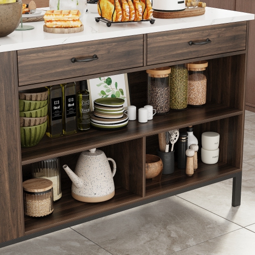 Famapy Modern Kitchen Island with Faux Marble Top and Storage Cabinets – 55.2" Multi-Function Buffet Sideboard with Drawers