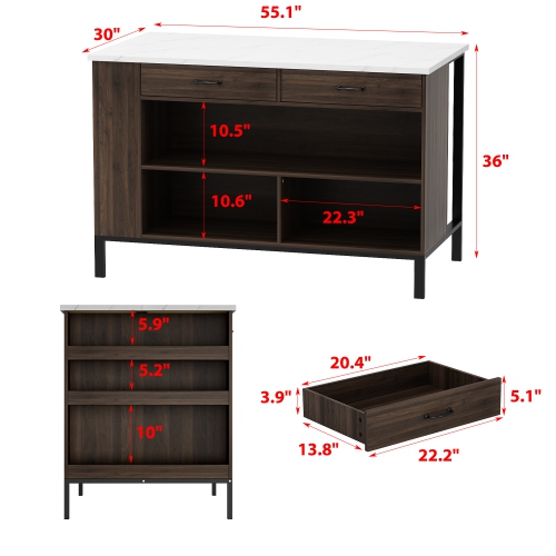 Famapy Modern Kitchen Island with Faux Marble Top and Storage Cabinets – 55.2" Multi-Function Buffet Sideboard with Drawers