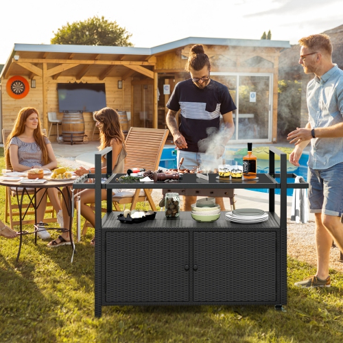 All-Weather Outdoor Bar Serving Cart with Storage Cabinet and Hanging Hooks for Poolside or Deck