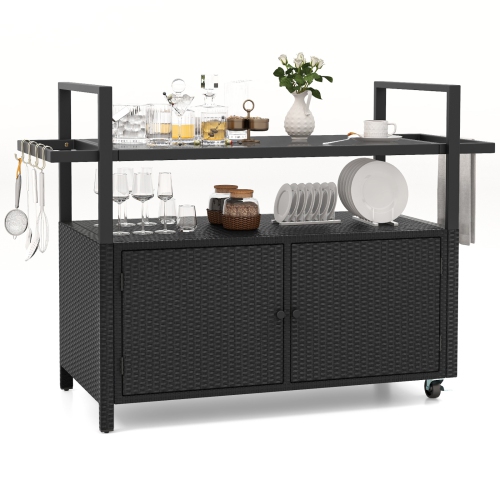 All-Weather Outdoor Bar Serving Cart with Storage Cabinet and Hanging Hooks for Poolside or Deck