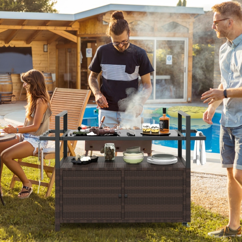 Chariot de service extérieur résistant aux intempéries avec armoire de rangement et crochets pour la piscine ou la terrasse