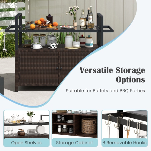 Chariot de service extérieur résistant aux intempéries avec armoire de rangement et crochets pour la piscine ou la terrasse