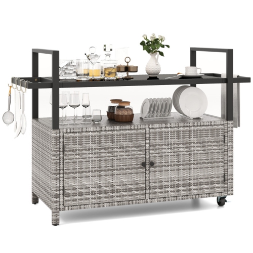 All-Weather Outdoor Bar Serving Cart with Storage Cabinet and Hanging Hooks for Poolside or Deck