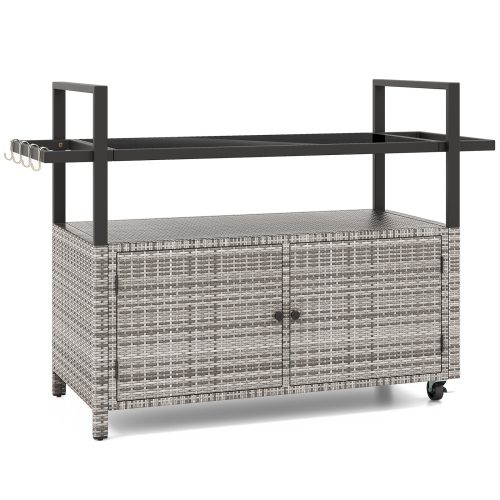 All-Weather Outdoor Bar Serving Cart with Storage Cabinet and Hanging Hooks for Poolside or Deck