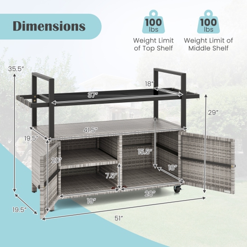 All-Weather Outdoor Bar Serving Cart with Storage Cabinet and Hanging Hooks for Poolside or Deck