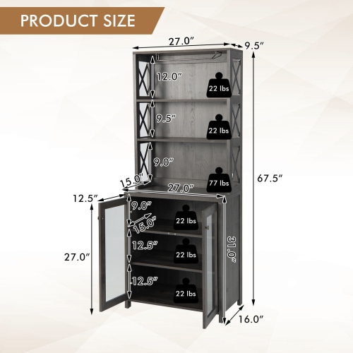 Tall Freestanding Bar Cabinet Buffet with Glass Holder and Adjustable Shelf-Grey
