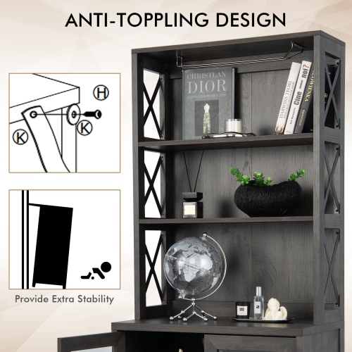 Tall Freestanding Bar Cabinet Buffet with Glass Holder and Adjustable Shelf-Grey