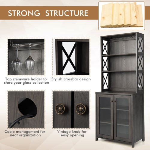 Tall Freestanding Bar Cabinet Buffet with Glass Holder and Adjustable Shelf-Grey