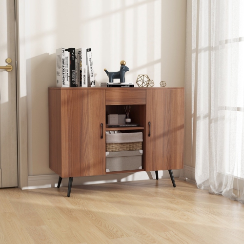 Mid-Century Modern Buffet Cabinet with 9-Bottle Wine Rack and Storage Shelves