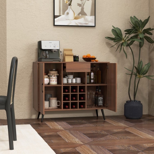 Mid-Century Modern Buffet Cabinet with 9-Bottle Wine Rack and Storage Shelves