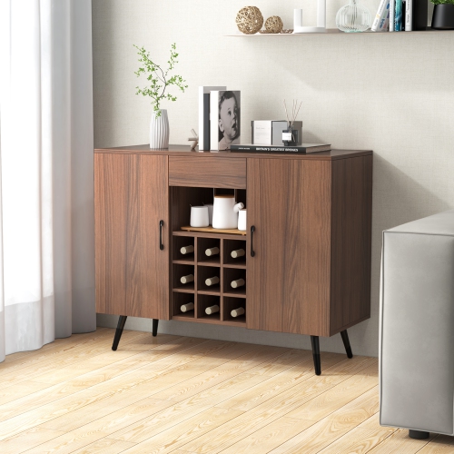 Mid-Century Modern Buffet Cabinet with 9-Bottle Wine Rack and Storage Shelves