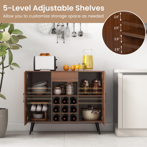 Mid-Century Modern Buffet Cabinet with 9-Bottle Wine Rack and Storage Shelves