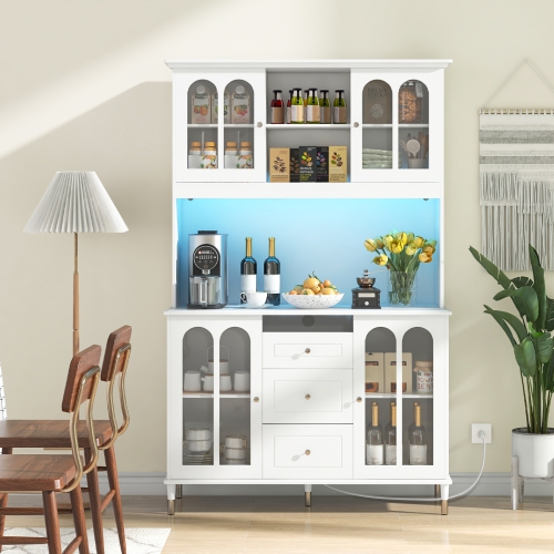 Freestanding Kitchen Pantry Cabinet with LED Lights and Ample Storage