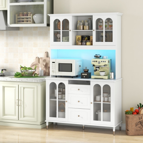 Freestanding Kitchen Pantry Cabinet with LED Lights and Ample Storage