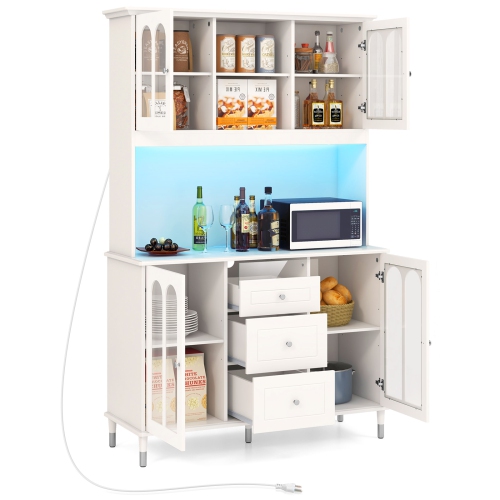 Freestanding Kitchen Pantry Cabinet with LED Lights and Ample Storage