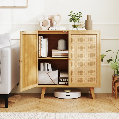 Freestanding Kitchen Cupboard with PE Rattan Doors and Ample Storage