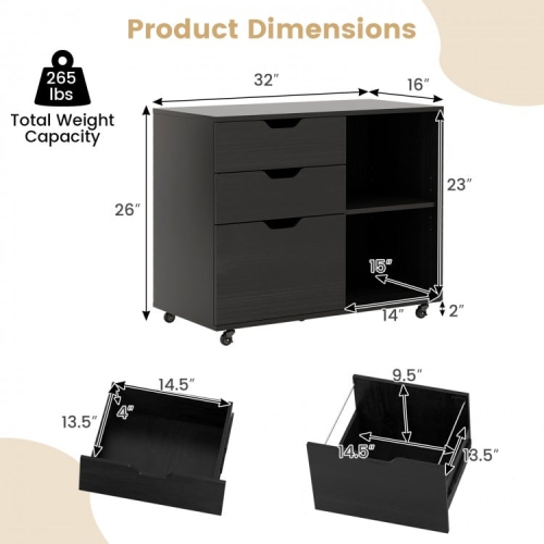 3-Drawer File Cabinet with Adjustable Shelf and Wheels for Letter-Size Files