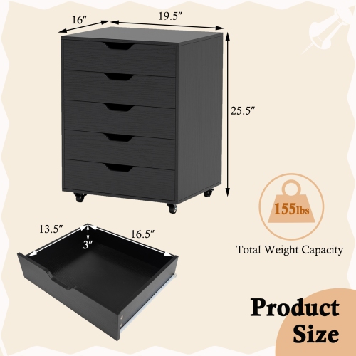 Classeur à roulettes à 5 tiroirs – Organisateur de rangement sur roulettes pour le bureau à domicile et le salon