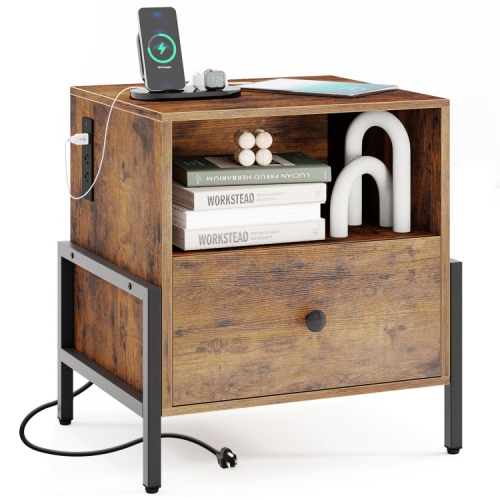 Table de chevet avec ports USB et prises de courant – Table de chevet avec tiroir et tablette