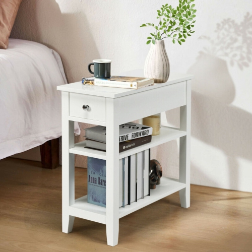 Modern 3-Tier Bedside Table – Nightstand with Drawer and 2 Storage Shelves