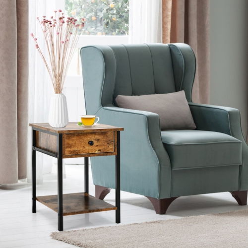 Industrial Bedside Table – Small Nightstand with Drawer and Open Storage for Living Room