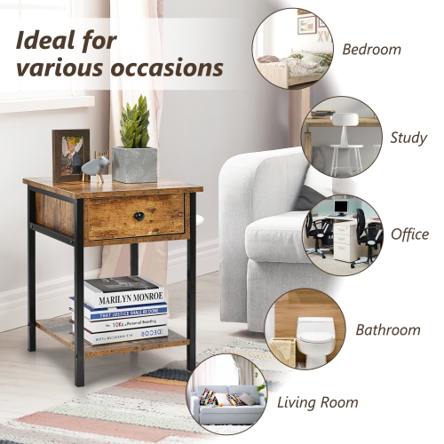 Industrial Bedside Table – Small Nightstand with Drawer and Open Storage for Living Room