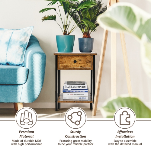 Industrial Bedside Table – Small Nightstand with Drawer and Open Storage for Living Room