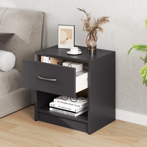 Modern Nightstand with Drawer and Open Shelf – Bedside Storage Table for Small Spaces