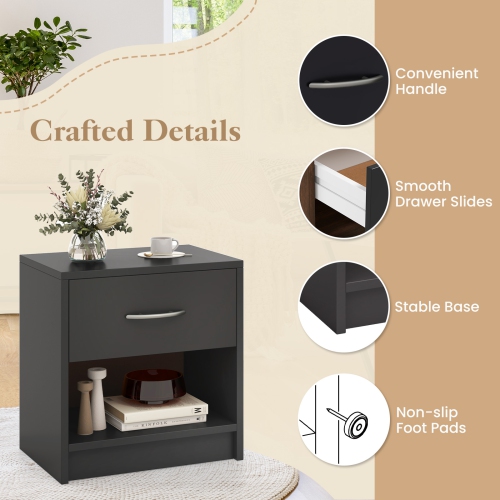 Modern Nightstand with Drawer and Open Shelf – Bedside Storage Table for Small Spaces