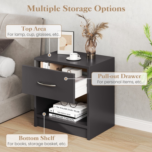 Modern Nightstand with Drawer and Open Shelf – Bedside Storage Table for Small Spaces
