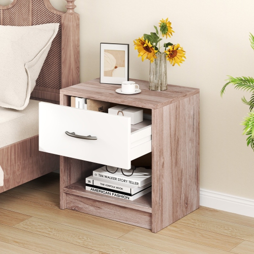 Modern Nightstand with Drawer and Open Shelf – Bedside Storage Table for Small Spaces