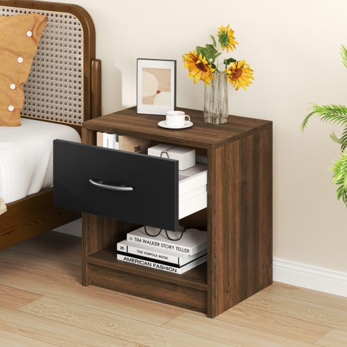 Modern Nightstand with Drawer and Open Shelf – Bedside Storage Table for Small Spaces