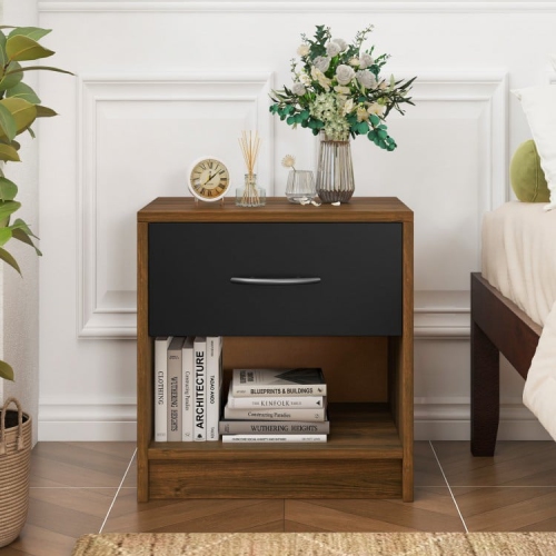 Modern Nightstand with Drawer and Open Shelf – Bedside Storage Table for Small Spaces