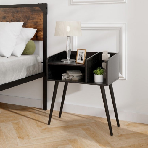 Mid-Century End Table with Storage Shelves – Accent Nightstand for Bedroom