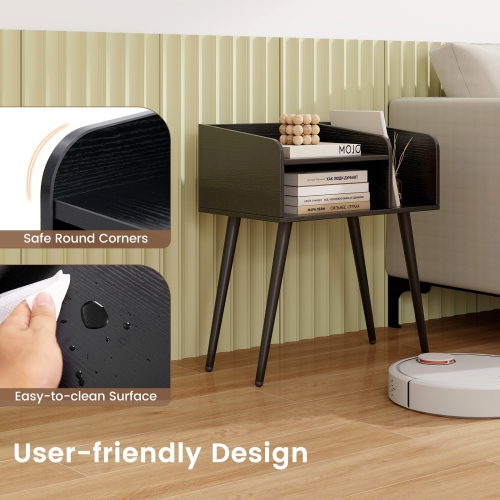 Mid-Century End Table with Storage Shelves – Accent Nightstand for Bedroom