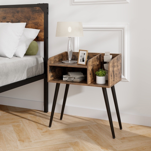 Mid-Century End Table with Storage Shelves – Accent Nightstand for Bedroom
