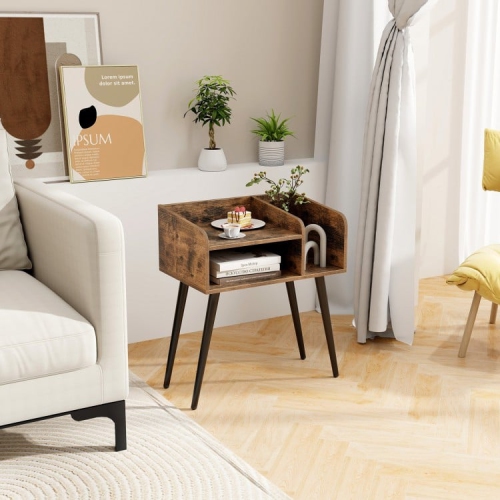 Mid-Century End Table with Storage Shelves – Accent Nightstand for Bedroom