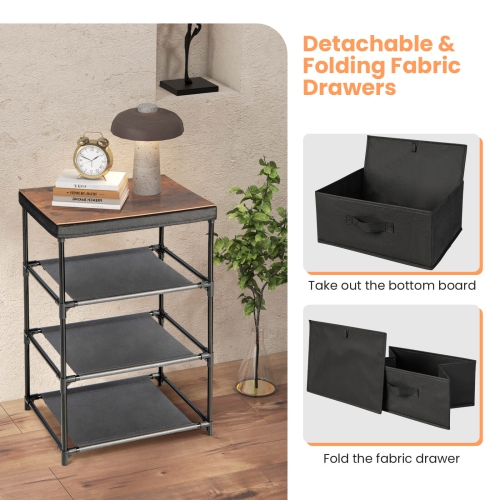 3-Tier Fabric Nightstand with Metal Frame and Storage Drawers