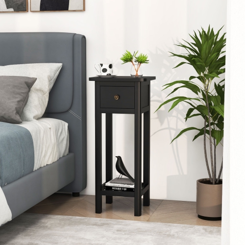 SLICKBLUE  2 Tier Slim Nightstand Bedside Table With Drawer Shelf-Black
